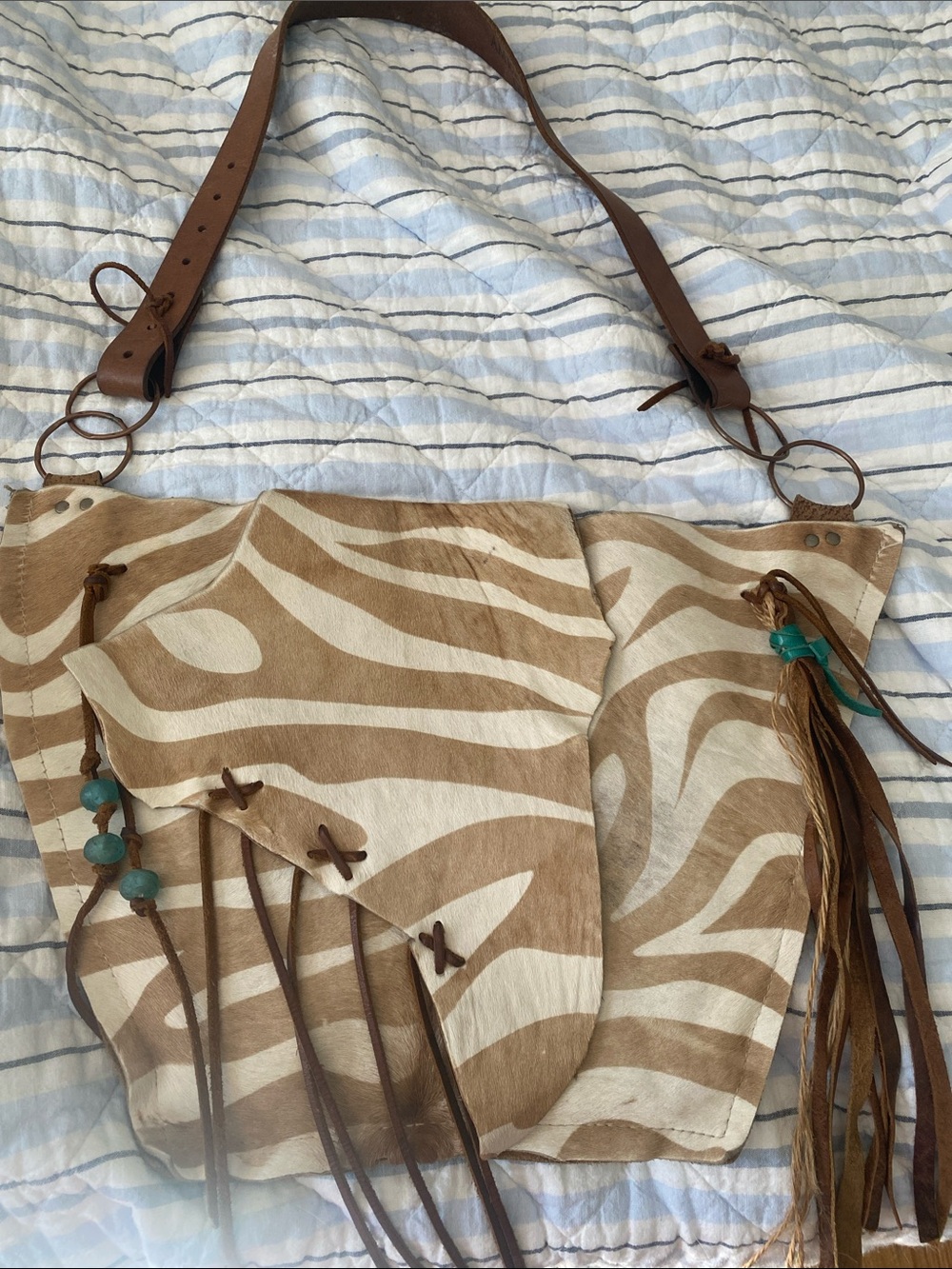 Brown and Cream Zebra-Print Leather Shoulder Bag